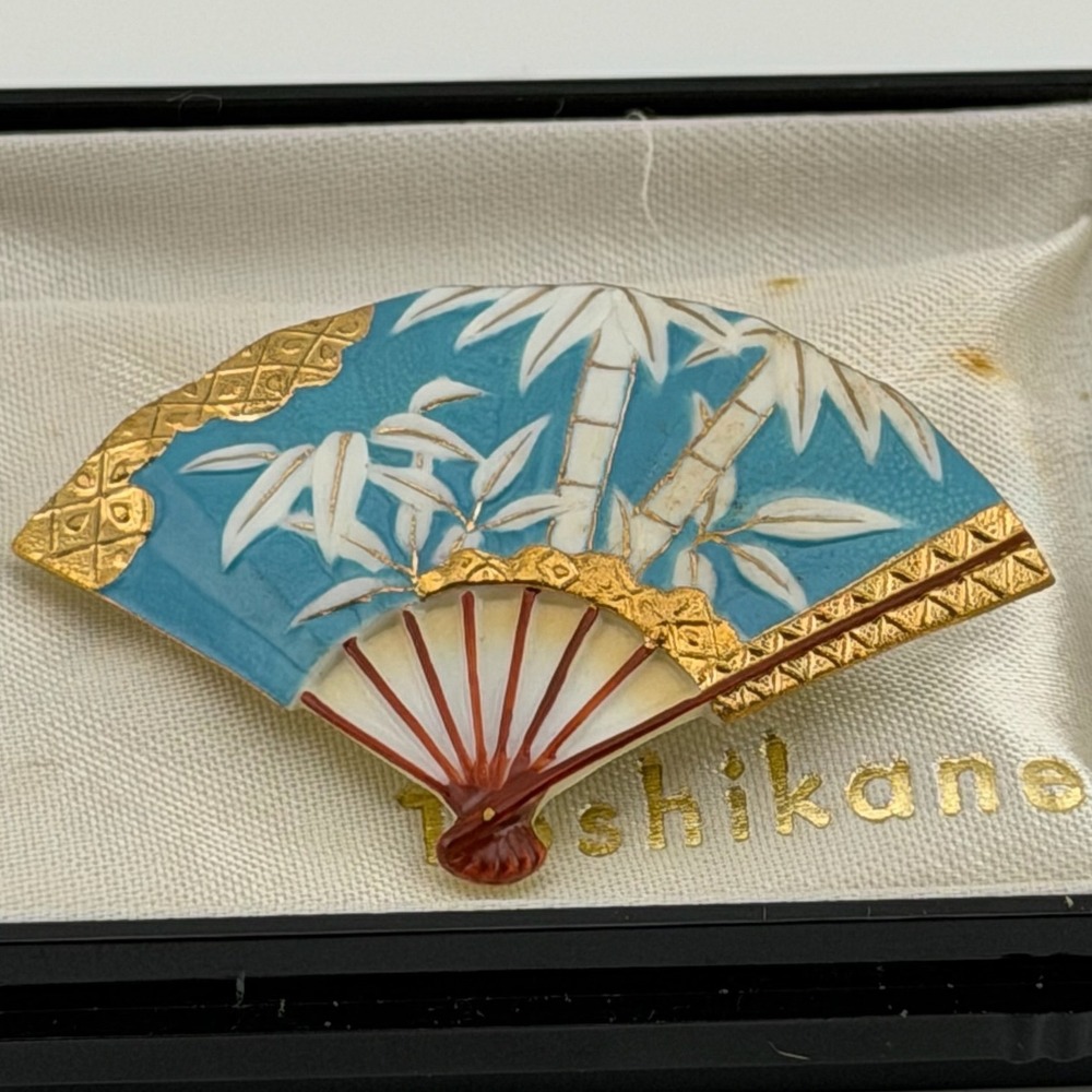 Toshikane Japan Vintage Porcelain Fan Brooch Blue Gold Bamboo Arita Jewelry